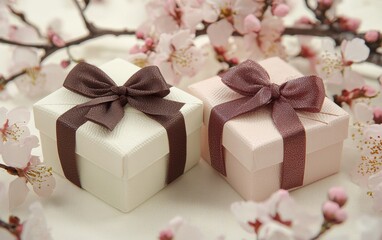 A pair of small gift boxes with decorative bows, placed amidst cherry blossoms on a pale cream surface for valentines day and 8 march
