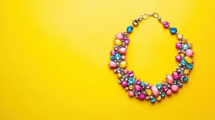 Fototapeta premium A bold statement necklace with multi-colored gems on a bright yellow background
