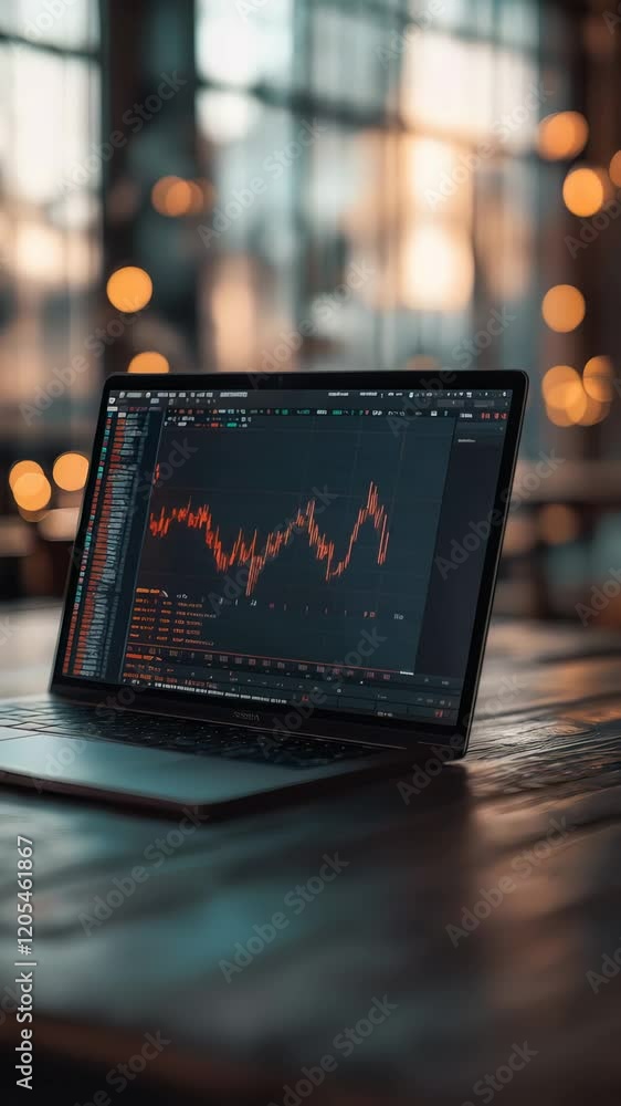 Poster open laptop displaying increasing stock market data on screen, suggesting successful investments and