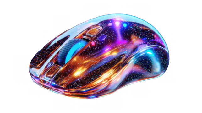 A vibrant and modern gaming mouse features a glassmorphism effect with a cosmic, galaxy-inspired pattern. The design is sleek and glowing.