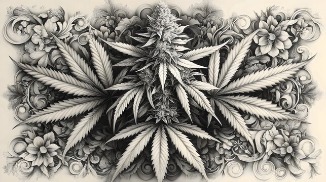 A black and white drawing of a marijuana plant with flowers