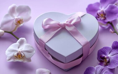 A soft purple heart-shaped gift box with a pastel pink ribbon, surrounded by orchids, placed on a lavender background for Valentines Day and 8 March