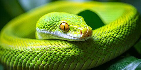 Fototapeta premium A close-up shot of a green snake with brown eyes, showcasing its intricate scales and natural beauty