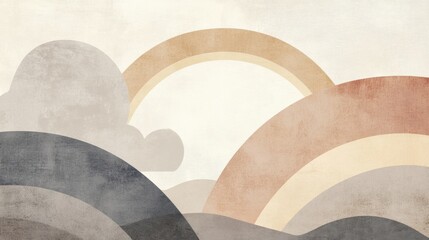 Neutral-tone cloud and rainbow graphics combining muted beige and gray tones with simple, clean shapes for a calming visual