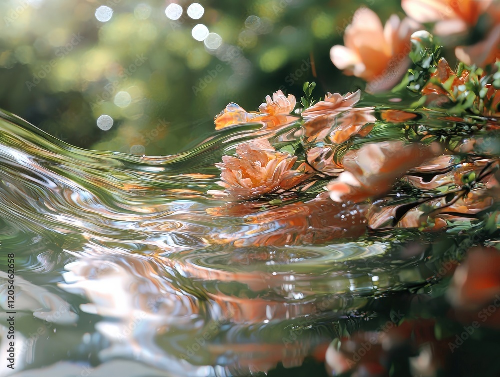 Poster serene water reflection of delicate peach flowers surrounded by sparkling bokeh in a tranquil garden