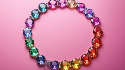 Obraz premium A circular arrangement of sparkling gems in rainbow colors on a subtle pink gradient background