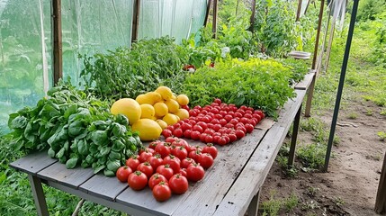 Fresh Organic Produce Harvest, Tomatoes, Lemons, Basil, and Spinach in Greenhouse