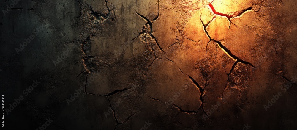 Poster abstract cracked concrete texture with worn edges and a warm glow in the dark, creating a dramatic e