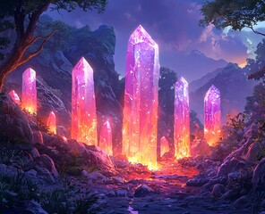 Fototapeta premium A crystal stone forest features smooth-edged pillars set against a bright, colorful background
