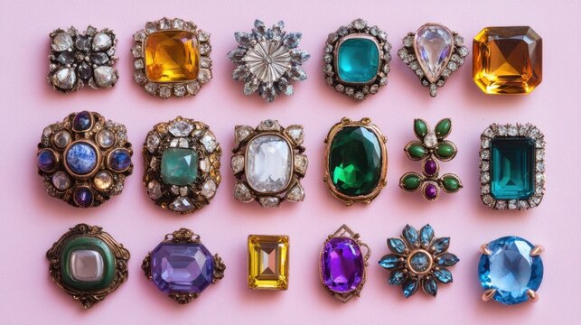 A collection of colorful gemstone brooches arranged neatly on a pastel pink background