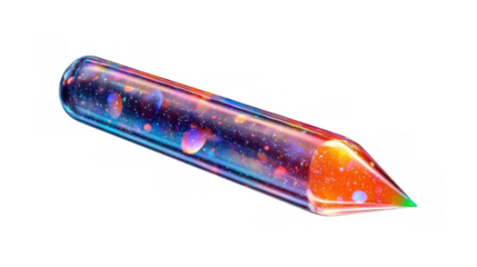 A vibrant and futuristic glass test tube filled with glowing cosmic elements showcasing a mix of colors and galaxies, set against a transparent background.
