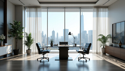 Luxurious Executive Office with Panoramic City Views Features Contemporary Design. AI Generation