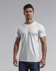 Obraz premium man wearing a plain t-shirt, mockup product photo, casual clothes