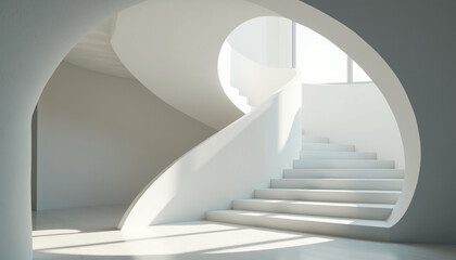 Fototapeta premium Minimalist Spiral Staircase in Pure White Creates Ethereal Movement in Modern Space. AI Generation