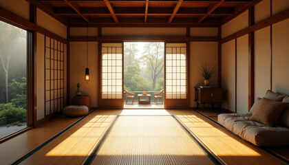Japanese Room with Natural Light Reveals Zen Atmosphere with Forest View. AI Generation
