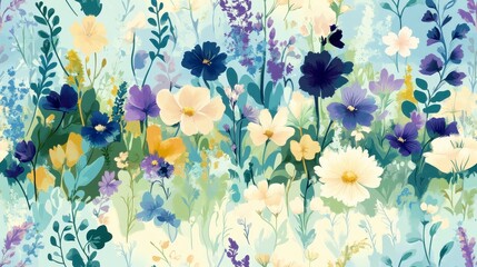 Wildflower Meadow Pattern, vibrant gradient of green to blue, intricate details, perfect for textiles or backgrounds, seamless design