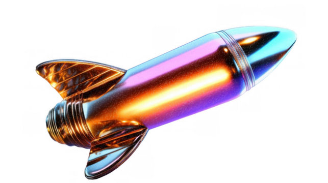 A vibrant, glowing rocket with a metallic finish, featuring sleek lines and a mix of neon colors. It displays a modern style with a 3D appearance.