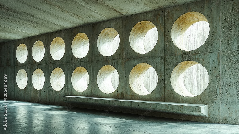 Poster serene minimalist concrete wall with circular openings, illuminated by soft light, creating a modern