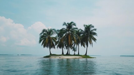 Fototapeta premium A group of coconut palms growing on a small sandbar in the middle of a calm sea