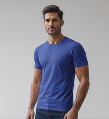 man wearing a blue plain t-shirt, mockup product photo, casual clothes