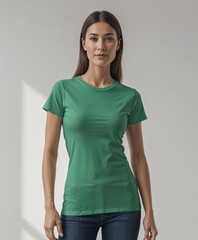 Obraz premium woman wearing a casual plain t-shirt, mockup shirt