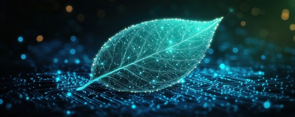 Futuristic leaf design with digital circuit patterns for AI technology