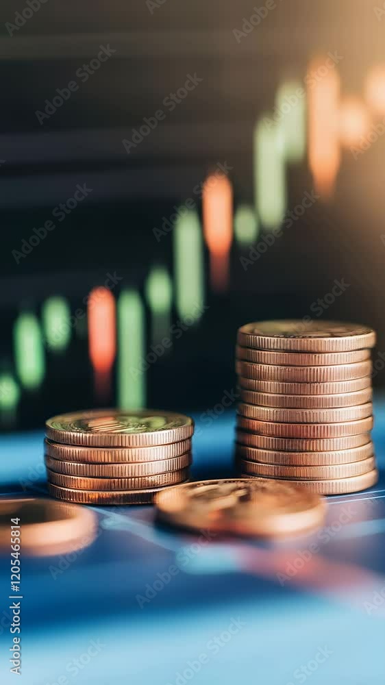 Poster stacks of coins are displayed on a financial chart background, symbolizing investment growth and the