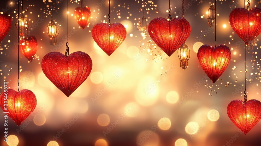 Aufkleber red heart lanterns hanging with sparkling bokeh background
