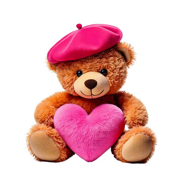 Naklejki Cute teddy bear wearing a pink beret and holding a pink heart  isolated on a transparent background