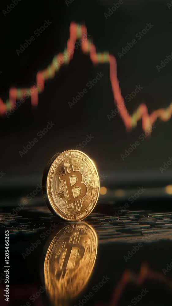 Poster physical bitcoin stands on a reflective black keyboard surface with a blurred stock market chart dis