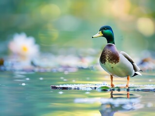Fototapeta premium Adorable Call Duck Standing on a Serene Lily Pad in Tranquil Pond with Pastel Green and Blue Tones