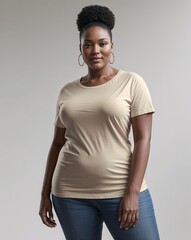 Beautiful plus size woman wearing a plain t shirt posing for mock up shirt products