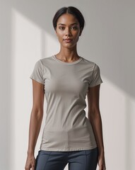 a woman standing and posing wearing a casual plain t-shirt for mock-up photo, fashion product