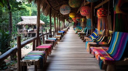 Obraz premium A row of weaving looms creating vibrant fabrics in a traditional workshop