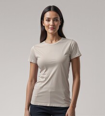 Obraz premium a woman standing and posing wearing a casual plain t-shirt for mock-up photo, fashion product