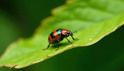 Small oriental beetle resting on a dry green leaf, nature's details, oriental beetle