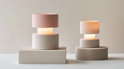 Pastel minimalist lighting design, showcasing a geometric or cylindrical base in muted pastel tones such as blush pink or light gray, paired with soft, diffused lighting
