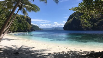 A secluded beach framed by coconut trees, with crystal-clear water stretching to the horizon