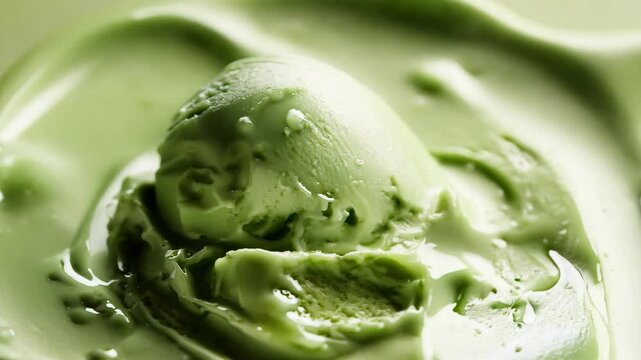 Green macha ice cream scooped, almost melted	
