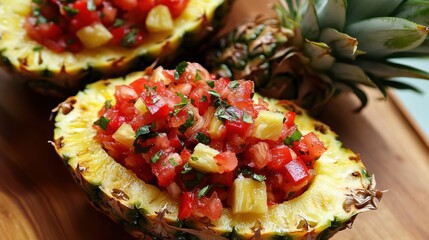 Perfectly ripe pineapple dish ideas, like pineapple salsa served in hollowed pineapple halves, styled with fresh herbs for a vibrant and fresh aesthetic