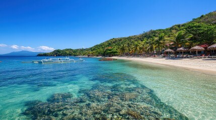 Obraz premium A vibrant coral reef visible through clear sea waters, with coconut trees lining the beach