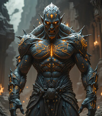 Ferocious warrior with glowing markings and muscular physique in a dramatic fantasy setting 