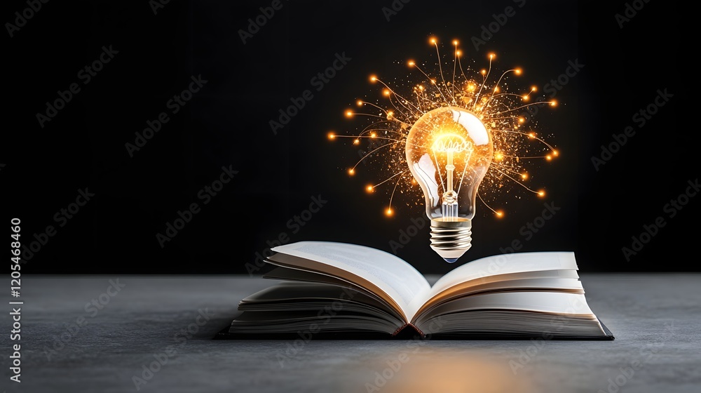 Poster Open textbook with a glowing light bulb hovering above it symbolizing the concept of an illuminating idea or creative for academic learning and knowledge advancement