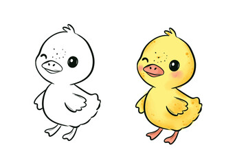 Adorable Duckling Illustration in Black and White and Full Color Surrounded by Flowers