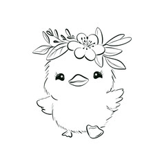 Adorable Duckling Illustration in Black and White Line Art Drawing for Coloring and Kids' Creative Activities