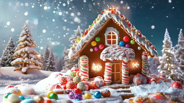 Gingerbread house with lots of candy, Traditional Christmas gingerbread house with snowfall	
