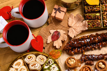 Sweet food Turkish delight on wooden background, assorted locum and candy for decorated backdrop