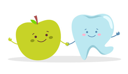 Cute tooth with green apple cartoon character in flat design on white background