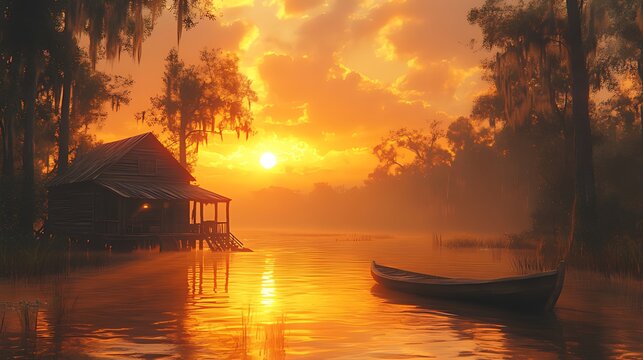 Sunrise over swamp cabin, boat, misty bayou