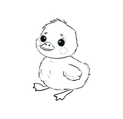 Adorable Duckling Illustration in Black and White Line Art Drawing for Coloring and Kids' Creative Activities